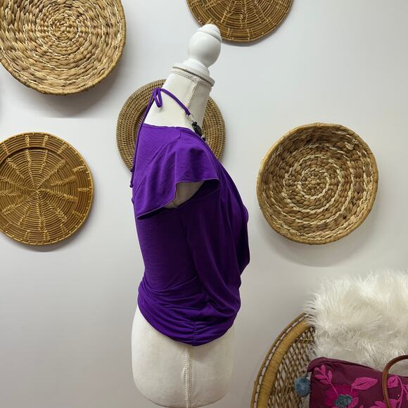 NWT Vintage Y2K 2000s B Wear Purple Short Sleeve Top Small Beaded Halter Tie - Picture 2 of 6